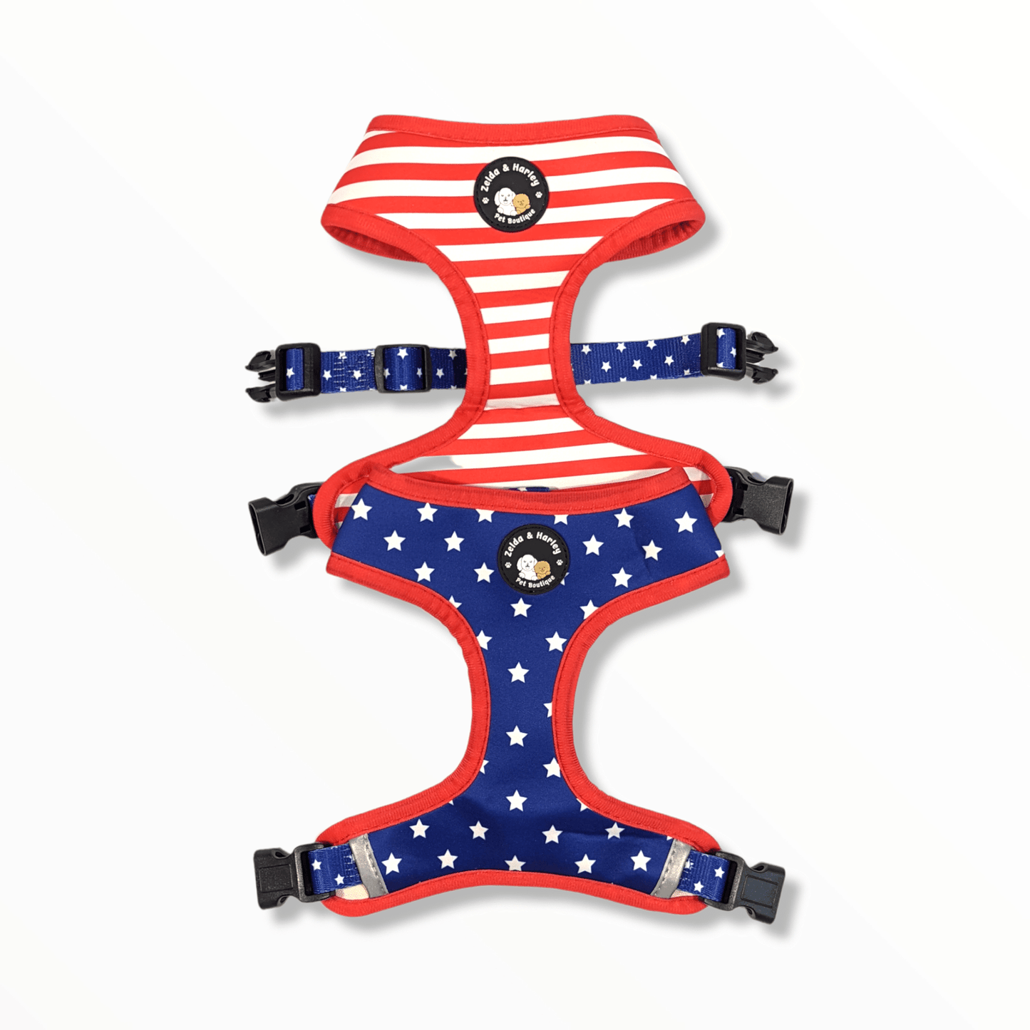 Zelda & Harley Reversible Harness Stars & Stripes - Reversible Dog Harness